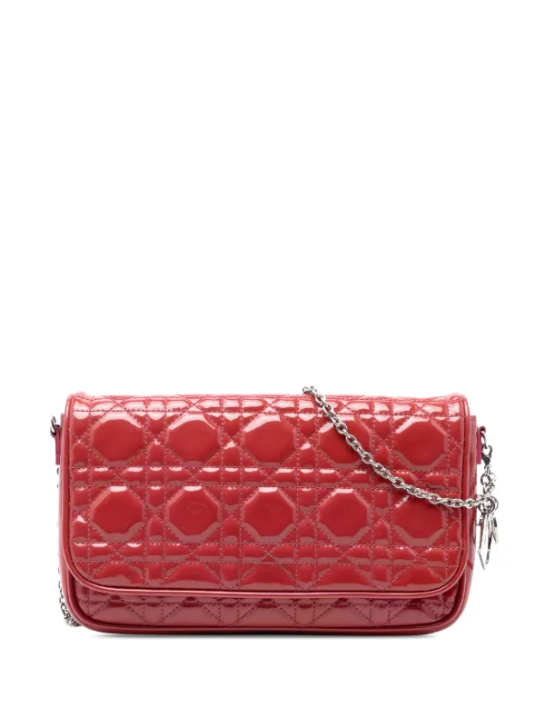 Dior Pre-owned 2011 Patent Cannage Lady Dior Wallet on Chain Crossbody Bag in Red