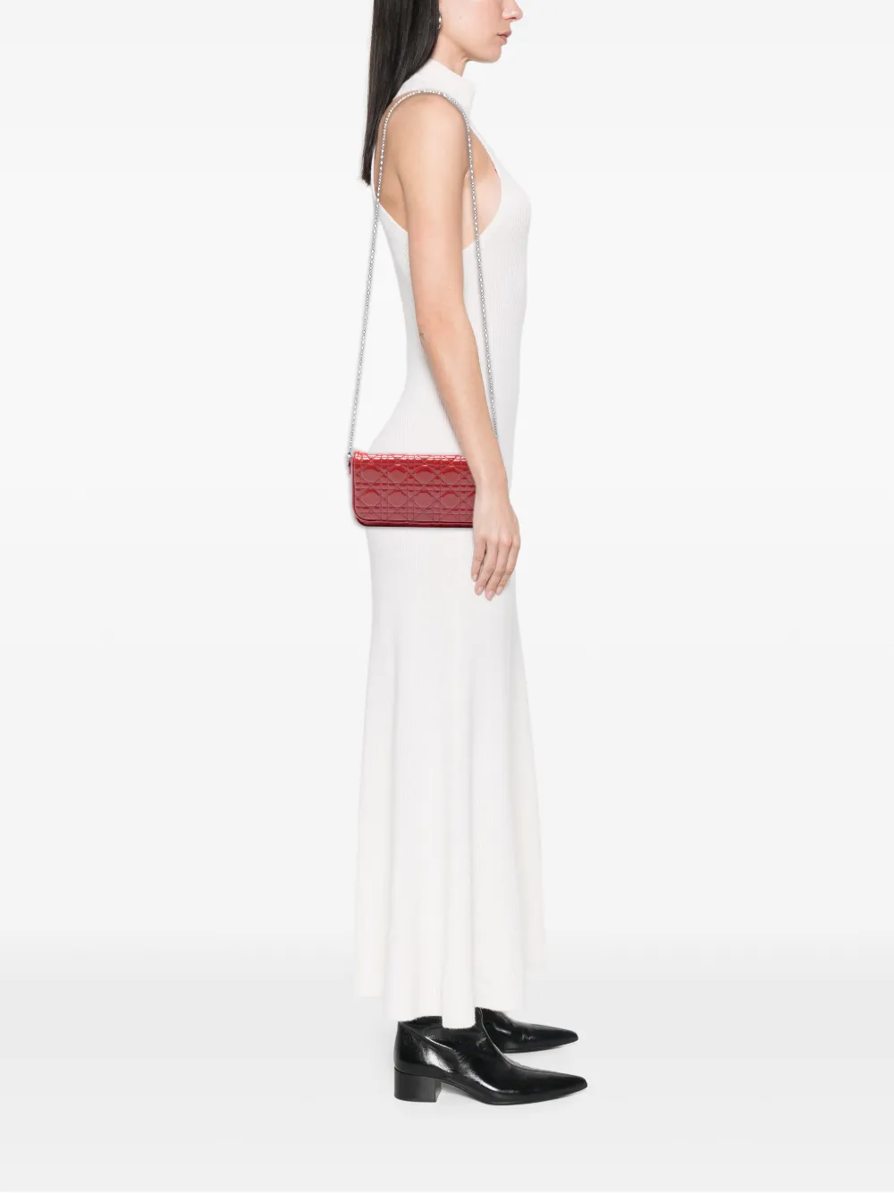 Dior Pre-owned 2011 Patent Cannage Lady Dior Wallet on Chain Crossbody Bag in Red, view 2