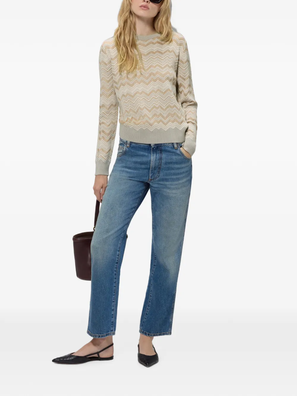 Missoni Wollen en viscose trui met ronde hals en zigzag-patroon Beige