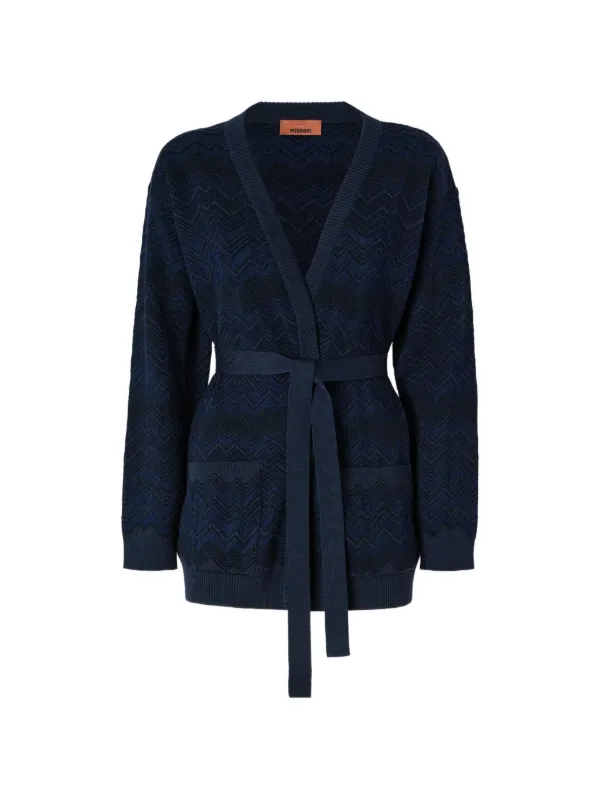Missoni Zigzag Wool Cardigan with Belt in Blue