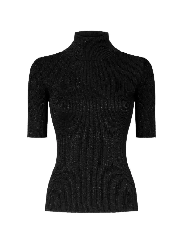 Missoni Ribbed Knit Top with High Neck and Short Sleeves in Black