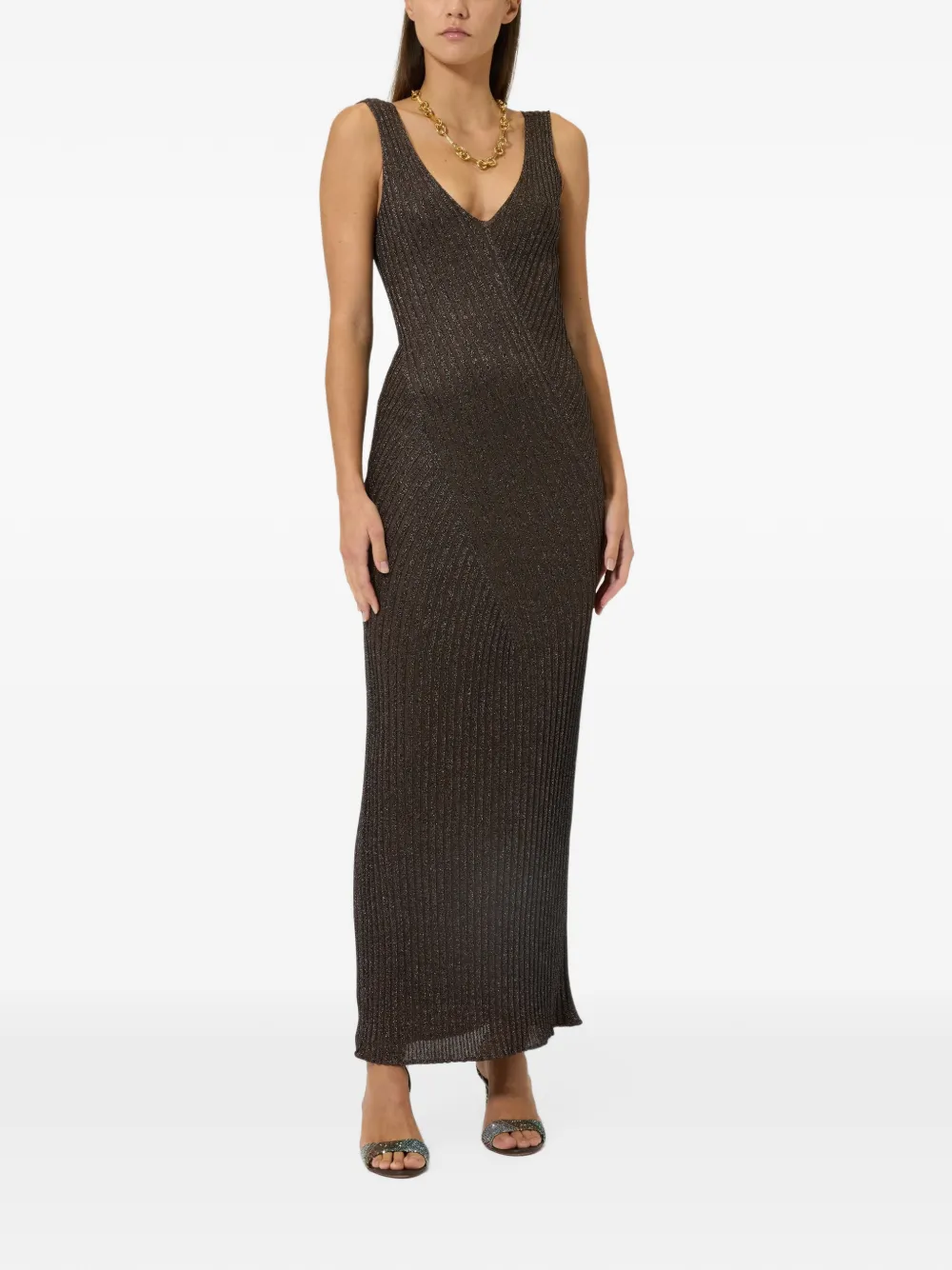 Missoni ribbed long dress with V-neck - Marron