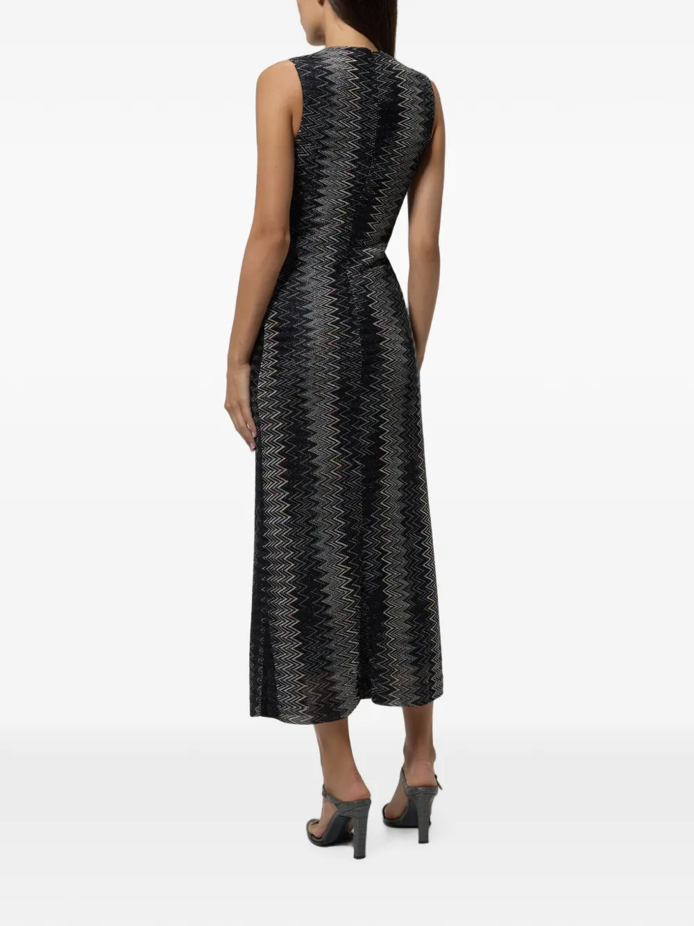 Missoni Midi-jurk met uitlopende rok van viscose lamé met Chevron-patroon Zwart