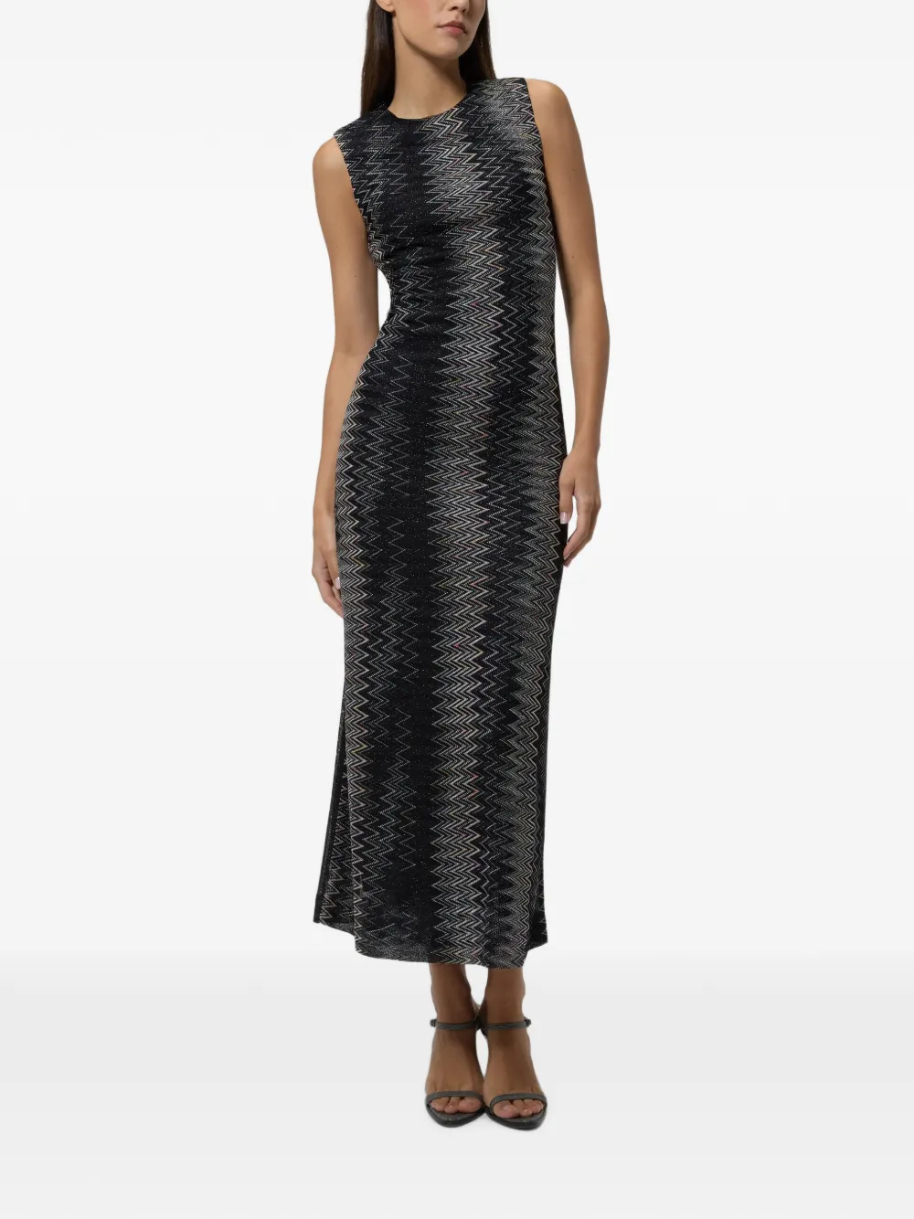 Missoni Midi-jurk met uitlopende rok van viscose lamé met Chevron-patroon Zwart