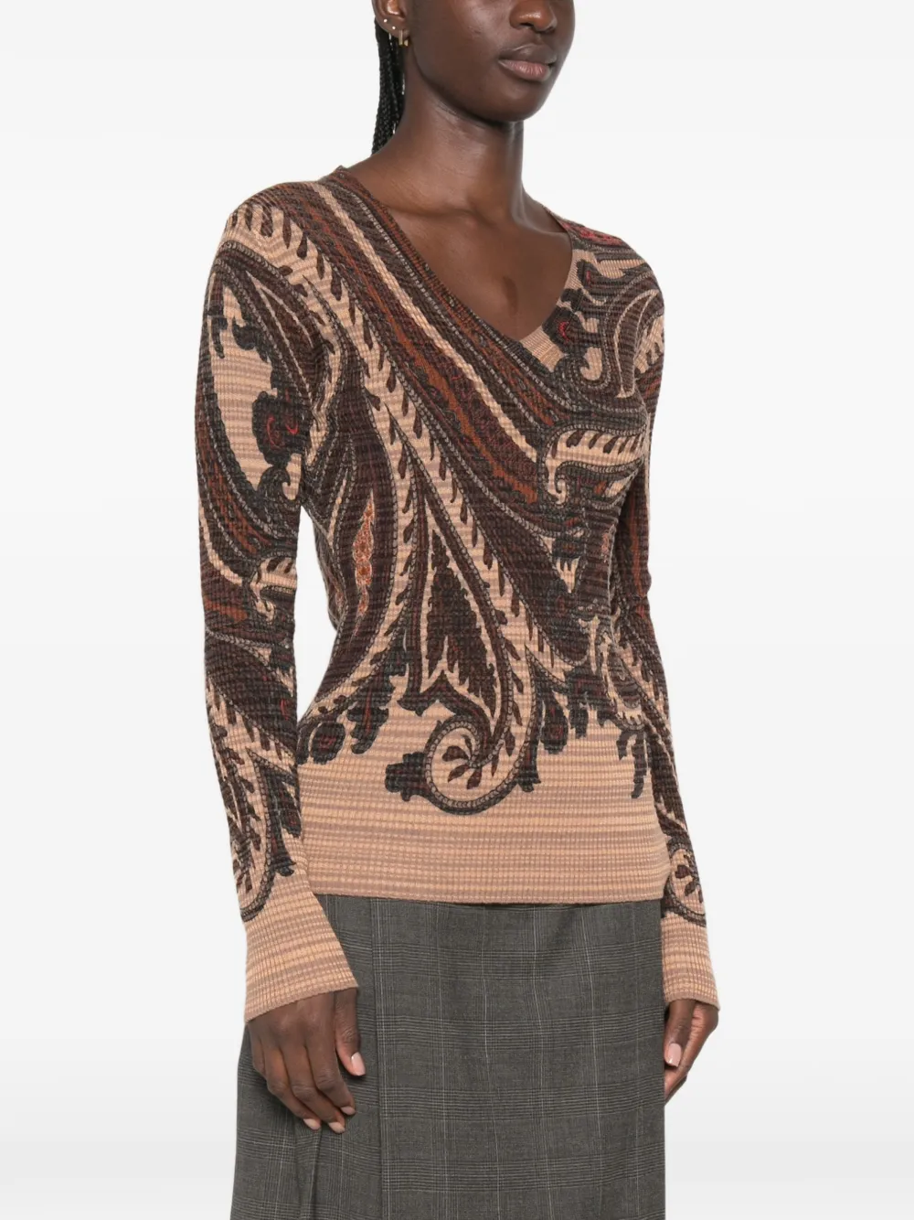 ETRO Trui met paisley-print en V-hals Bruin