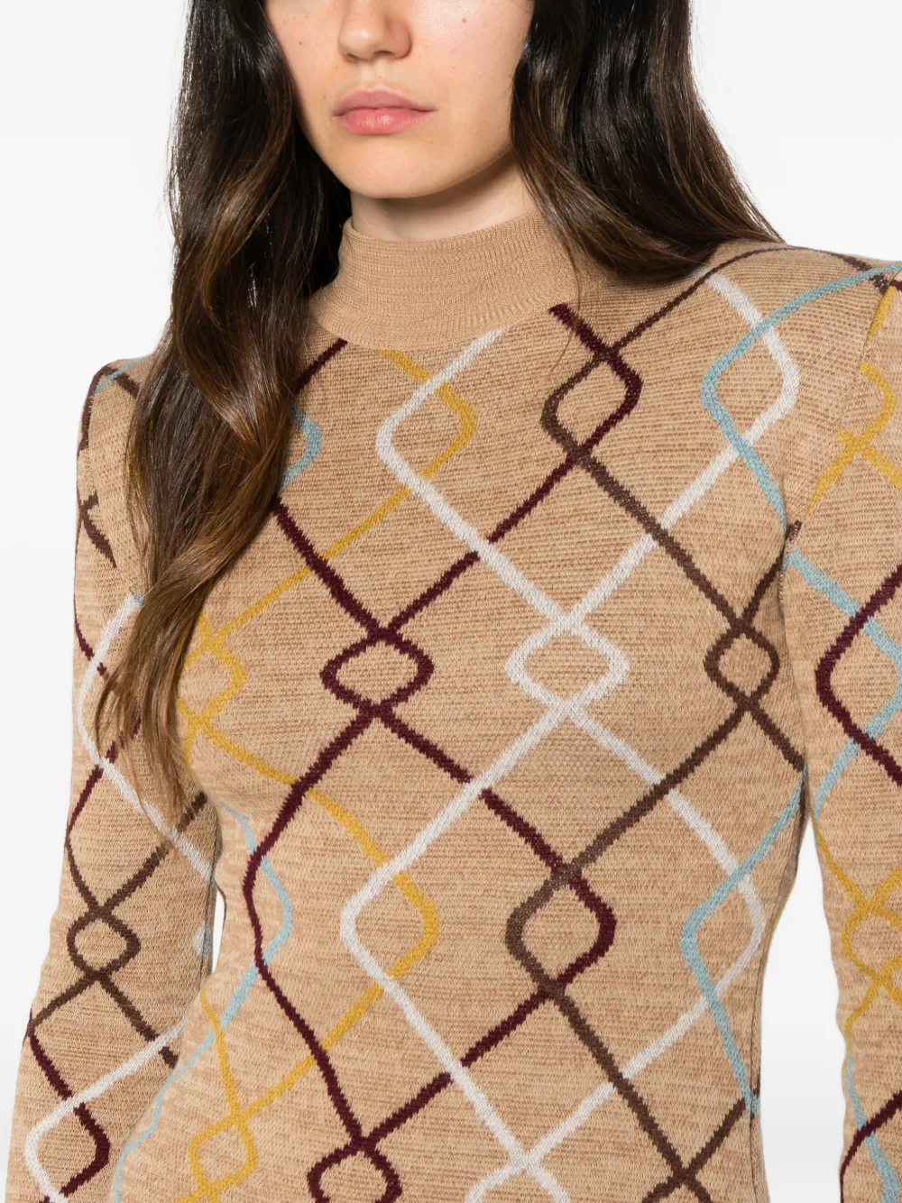 La DoubleJ geometric-pattern high-neck dress Beige