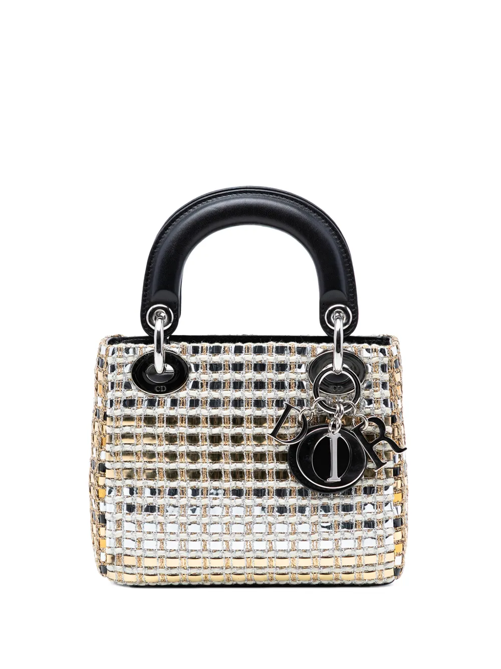 Christian Dior Pre-Owned 2015 Mini Metallic Leather Woven Tweed Lady Dior satchel - Oro
