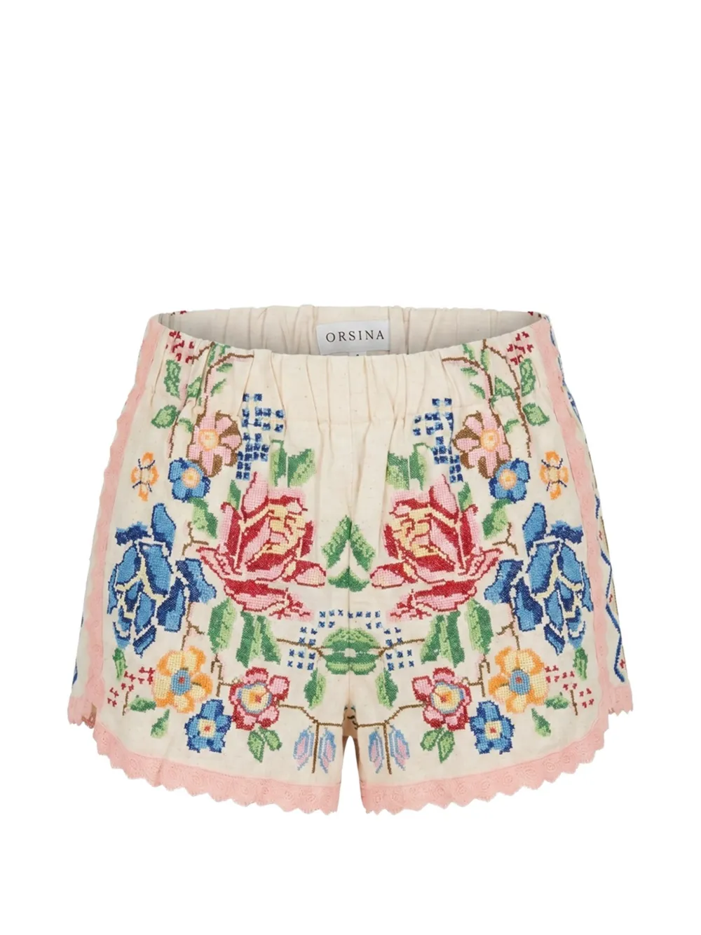 orsina floral-embroidered lace-trim shorts - Neutrals