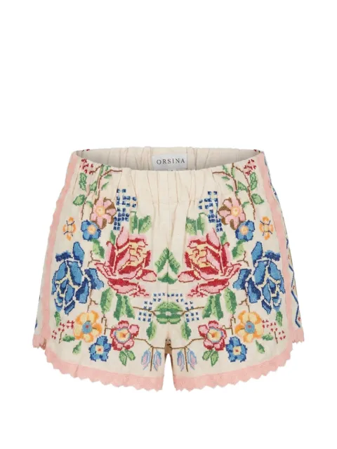 orsina floral-embroidered lace-trim shorts