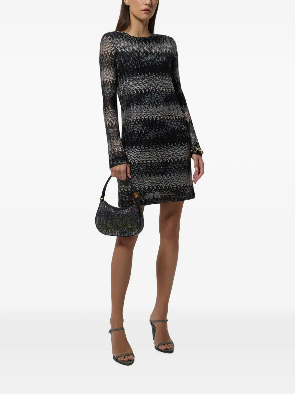 Missoni Viscose lamé mini-jurk met Chevron-patroon en lange mouwen Zwart