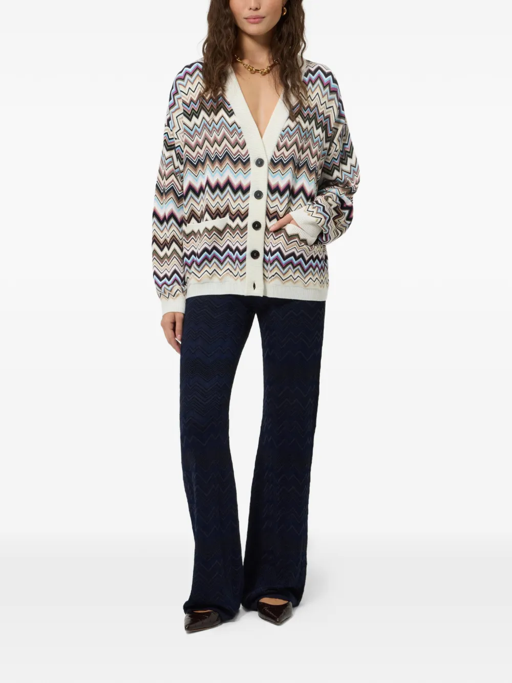 Missoni Zigzag-knit V-neck Cardigan in White, view 2