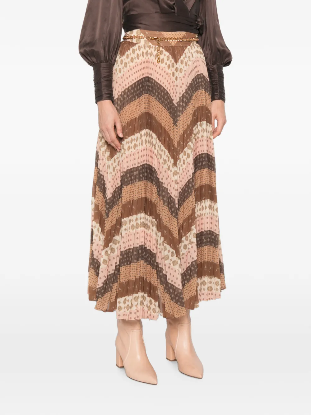 ZIMMERMANN Sunray geplooide maxi-rok met zigzag-patroon Bruin