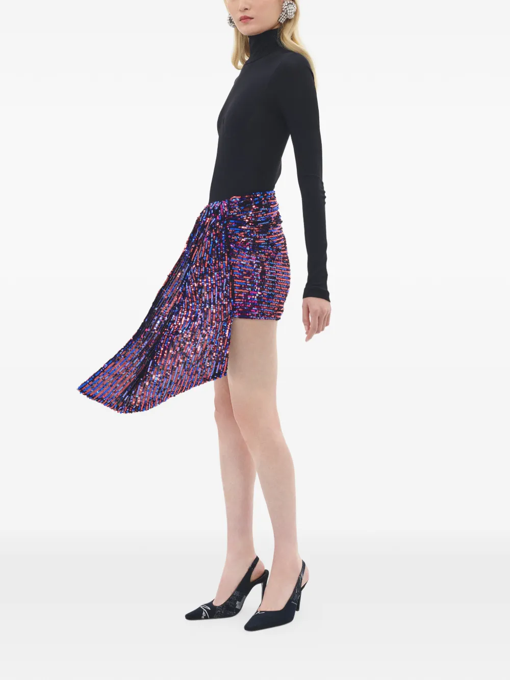 Area Sequin-embellished Wrapped Skirt in Black, view 4