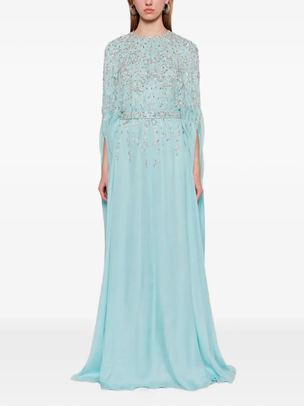 Dina Melwani crystal-embellished cape-sleeve maxi dress - Blu