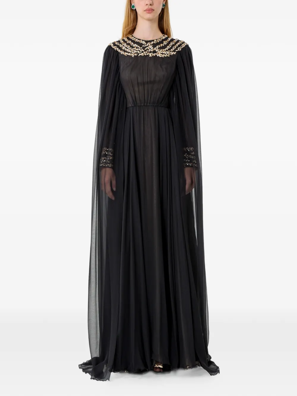 Dina Melwani crystal-embellished cape-sleeve maxi dress - Nero