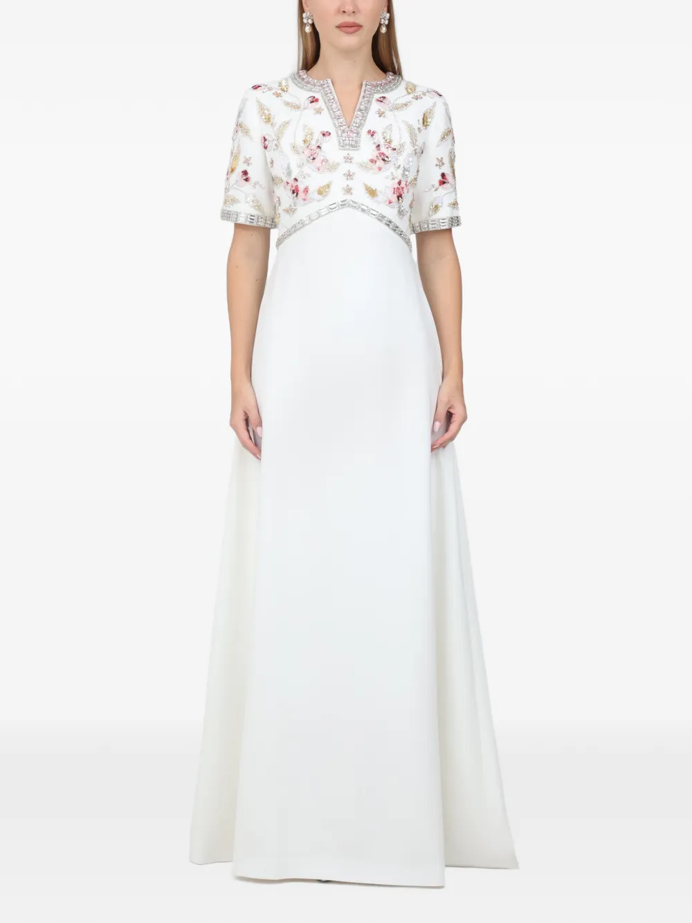 Dina Melwani floral-embroidered crystal-embellished maxi gown - White