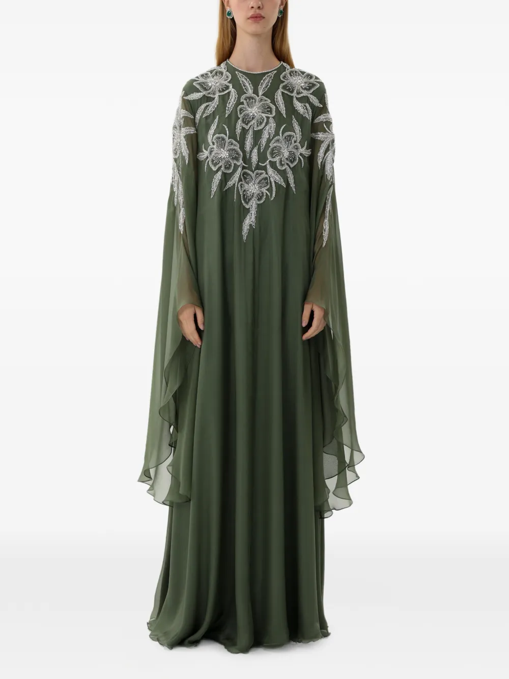 Dina Melwani floral crystal-embellished cape-sleeve maxi dress - Verde
