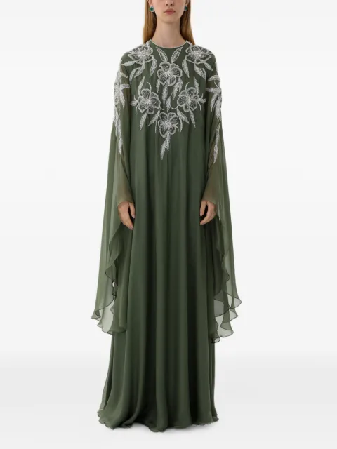 Dina Melwani floral crystal-embellished cape-sleeve maxi dress
