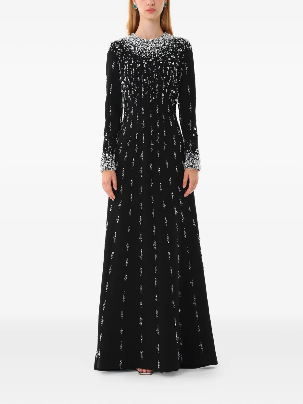 Dina Melwani crystal-embellished long-sleeve maxi dress - Nero
