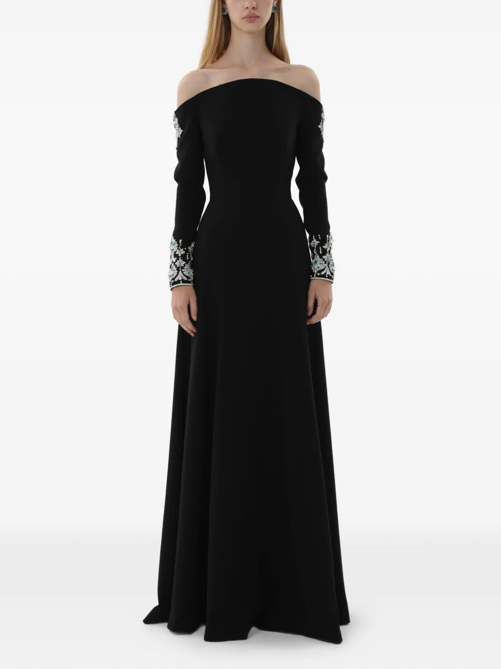 Dina Melwani off-shoulder crystal-embellished maxi gown - Nero