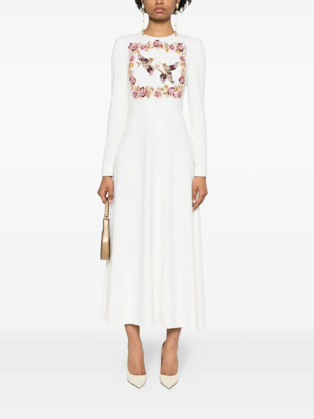 Dina Melwani Long-sleeves Midi Dress In White