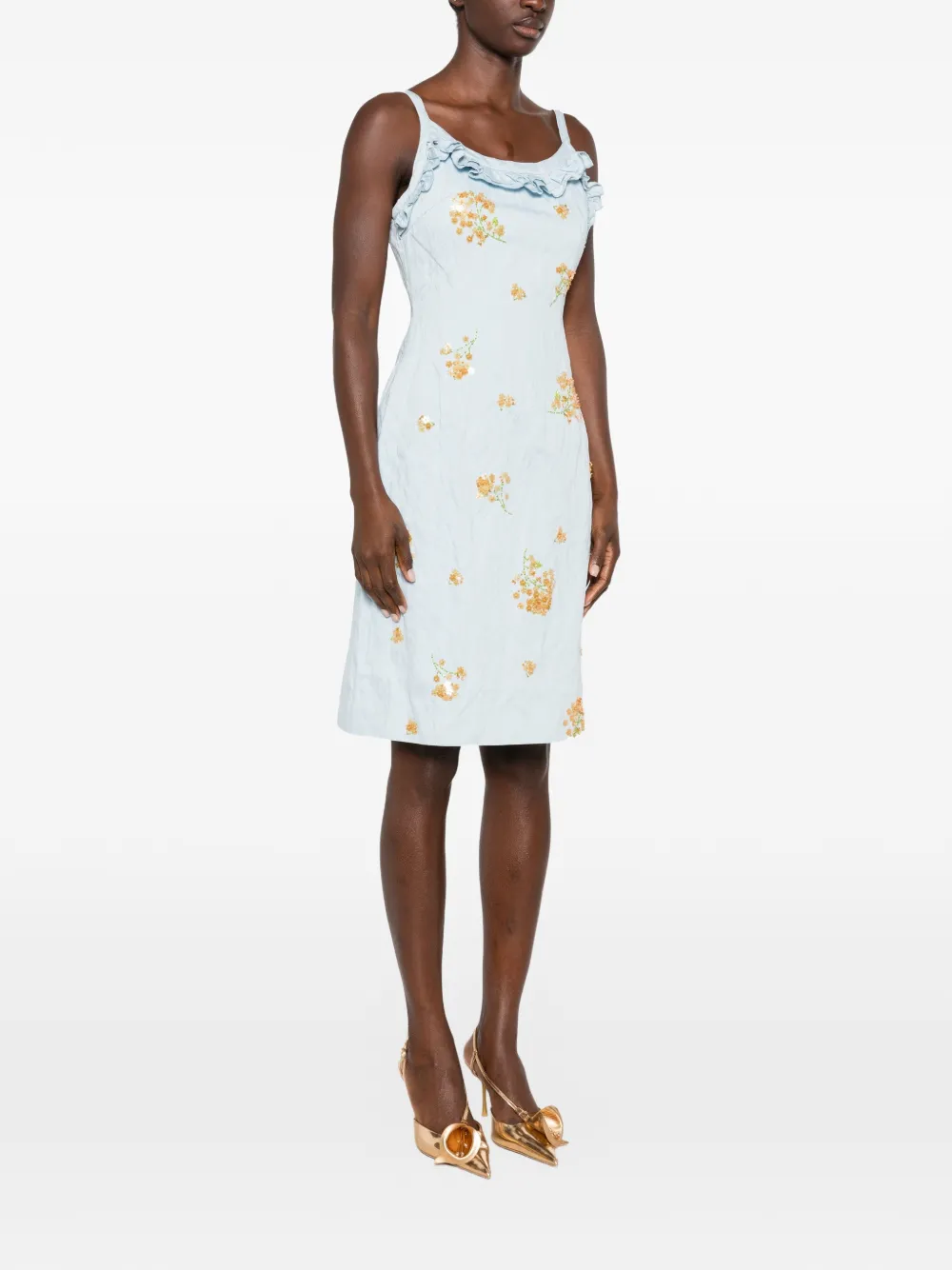 SHUSHU TONG Midi-jurk verfraaid met bloemen en ruches Blauw
