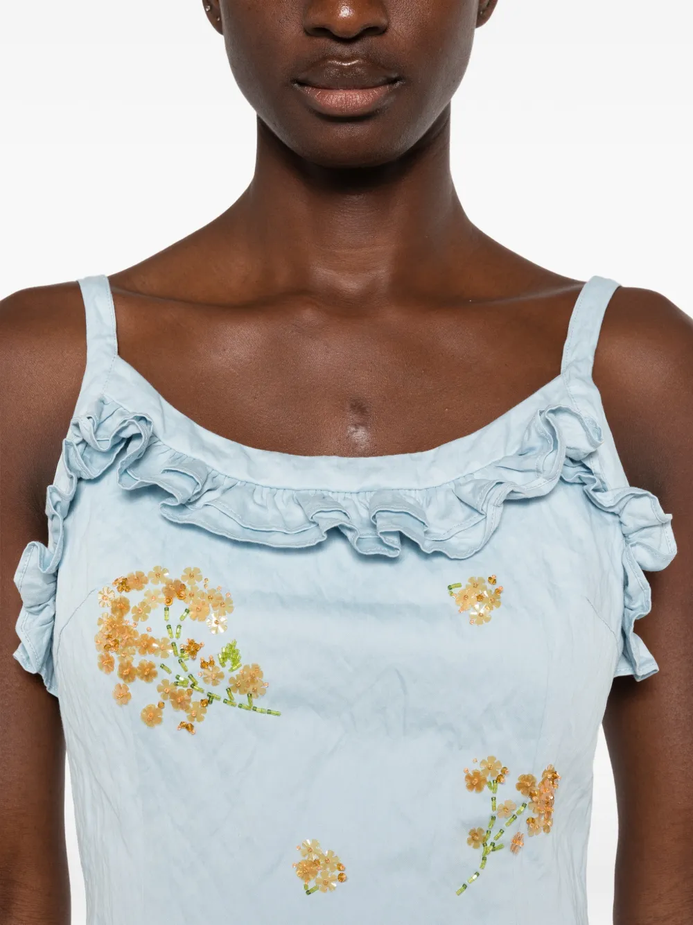 SHUSHU TONG Midi-jurk verfraaid met bloemen en ruches Blauw
