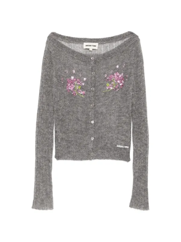 Shushu/Tong Floral-embellished Cropped Cardigan in Grey