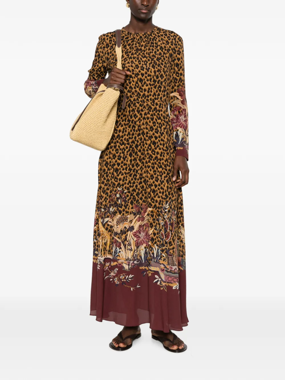 ETRO maxi-dress met luipaardprint en bloemenrand Bruin