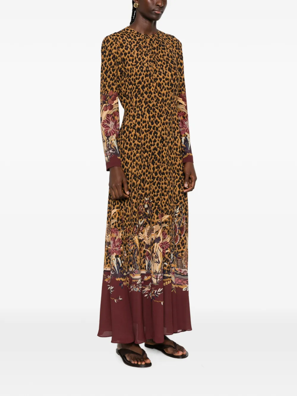 ETRO maxi-dress met luipaardprint en bloemenrand Bruin