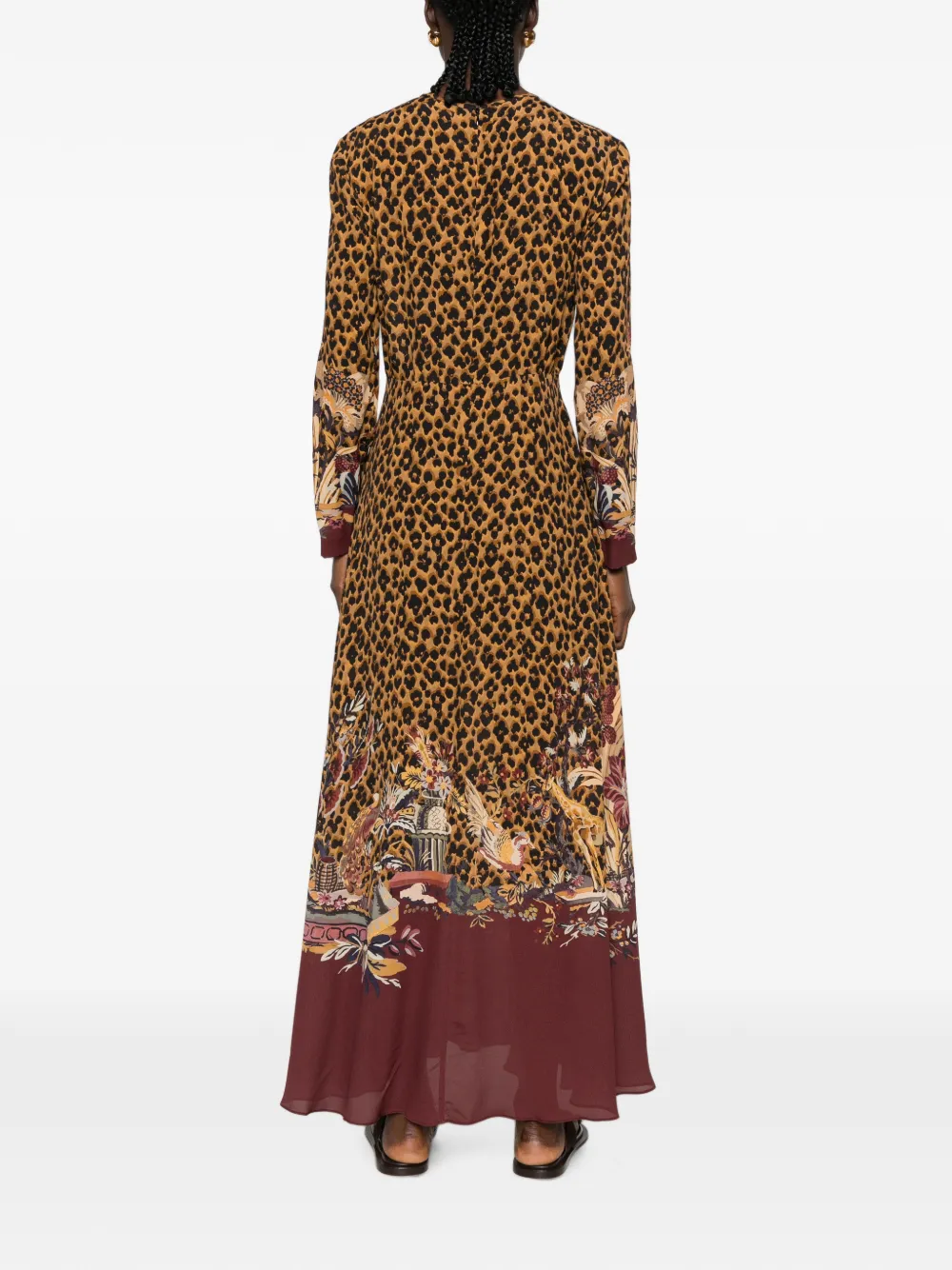 ETRO maxi-dress met luipaardprint en bloemenrand Bruin
