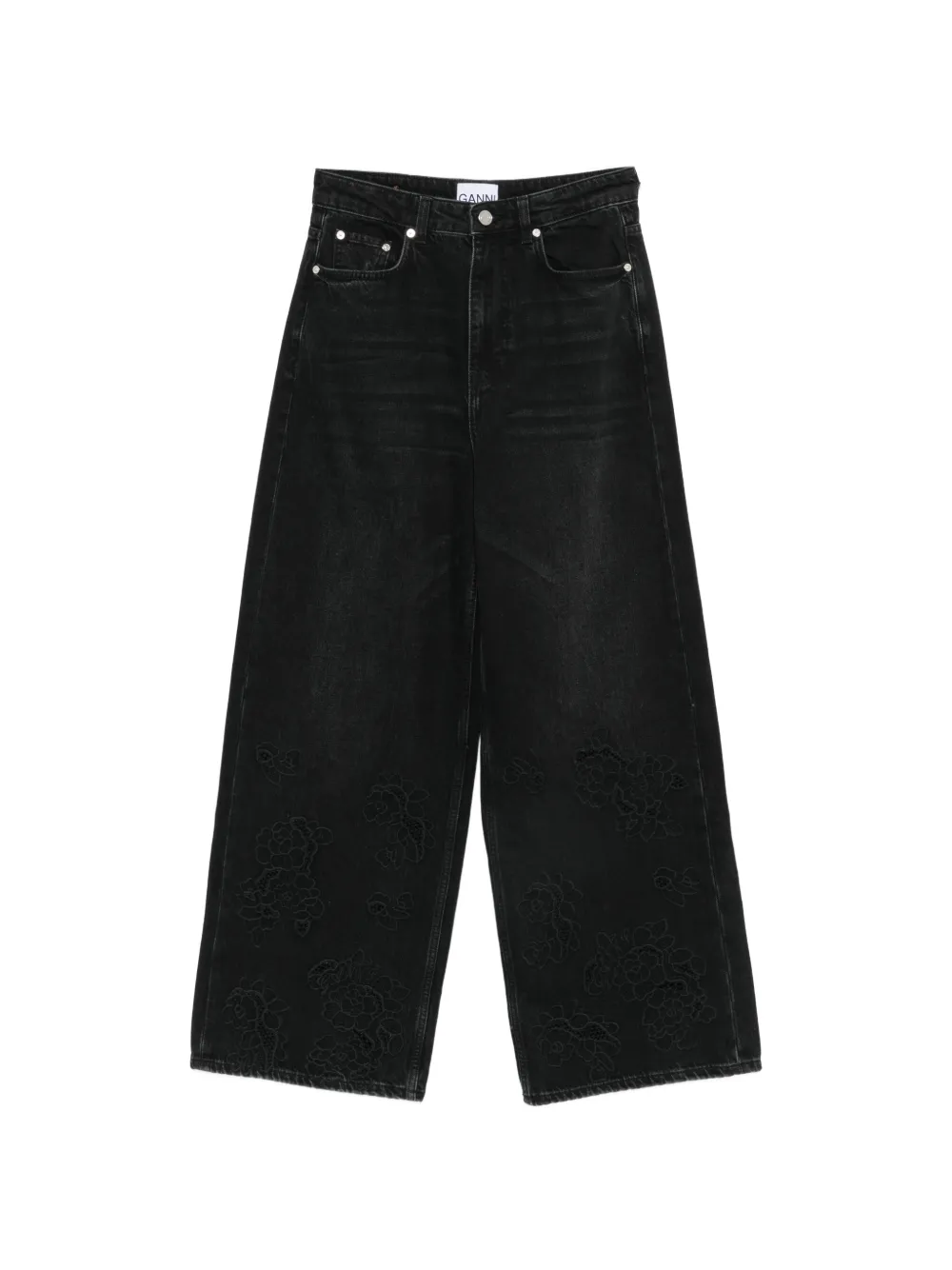 GANNI floral-embroidered wide-leg jeans - Nero
