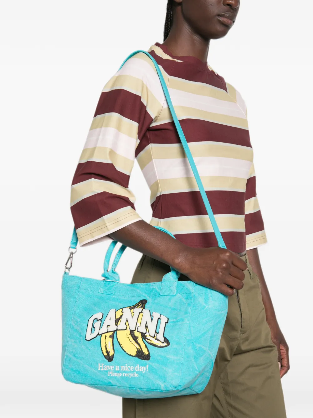 GANNI Shopper met logoprint Blauw