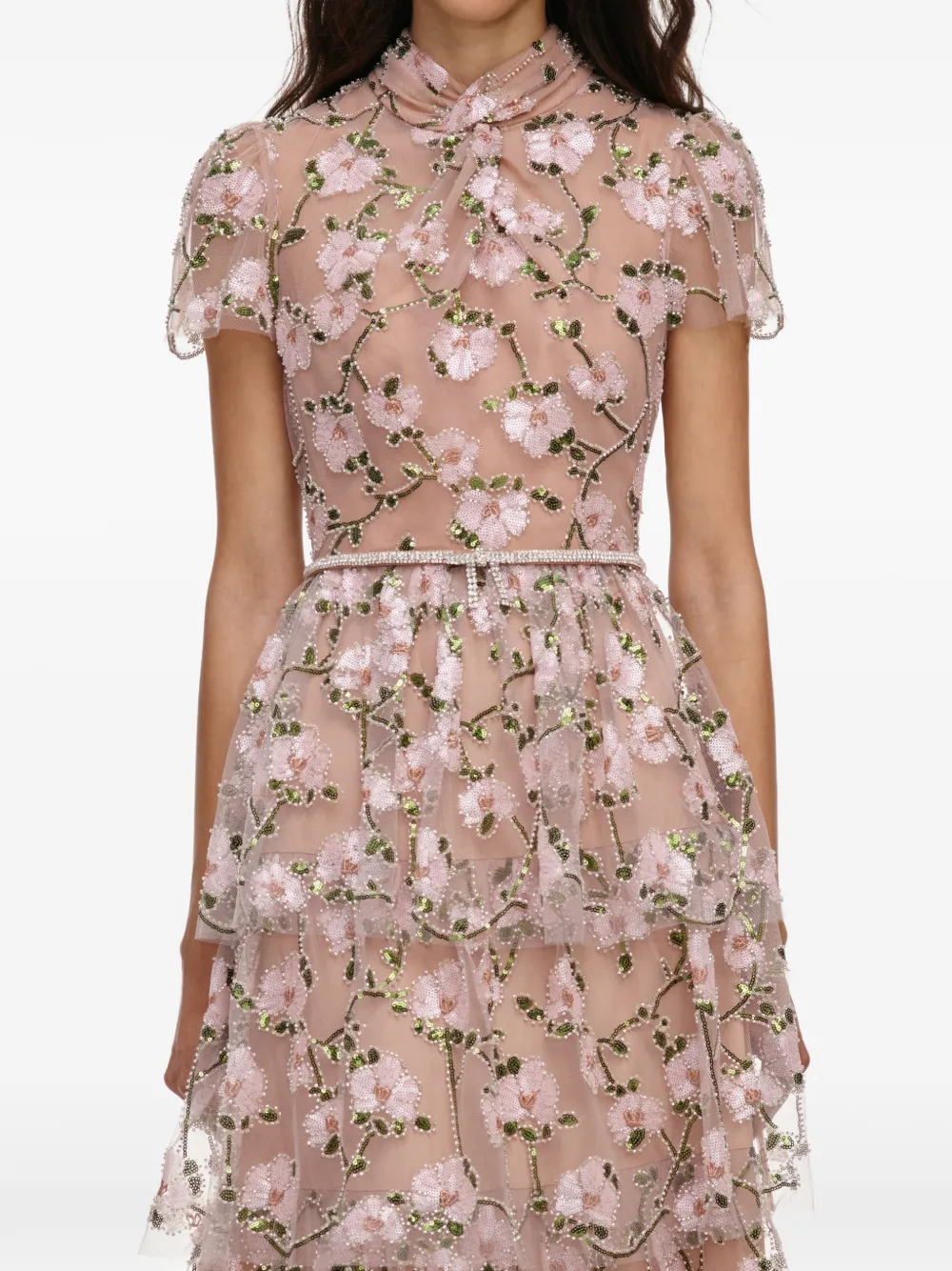 Self-Portrait sequin-embellished floral-embroidered midi dress - Pink