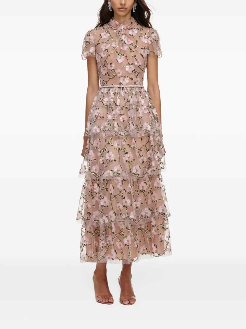 Self-Portrait Midi-jurk met geborduurde bloemen Roze