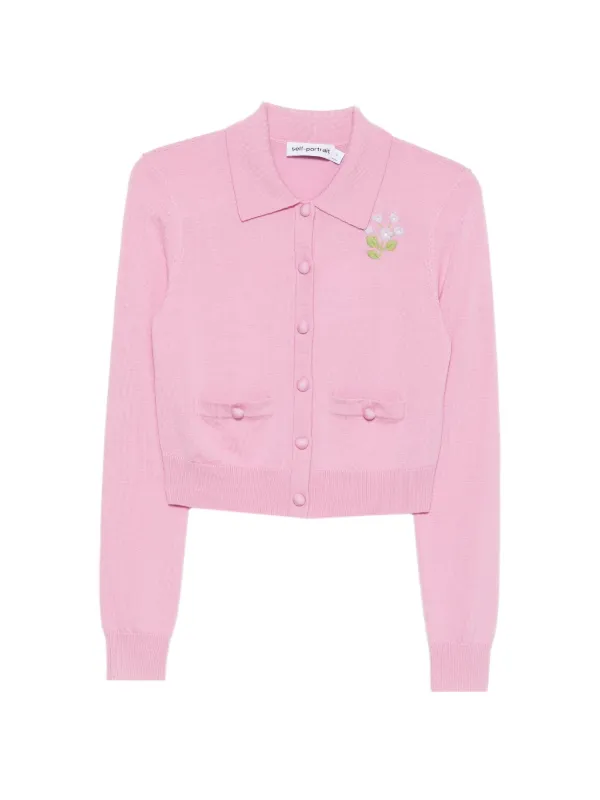 Self-Portrait Flower Embroidered Knit Cardigan in Pink