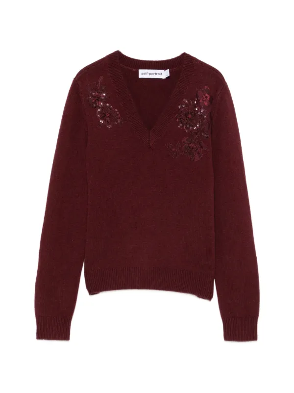 Self-Portrait Sequin-embellished Floral-patch Sweater in Red
