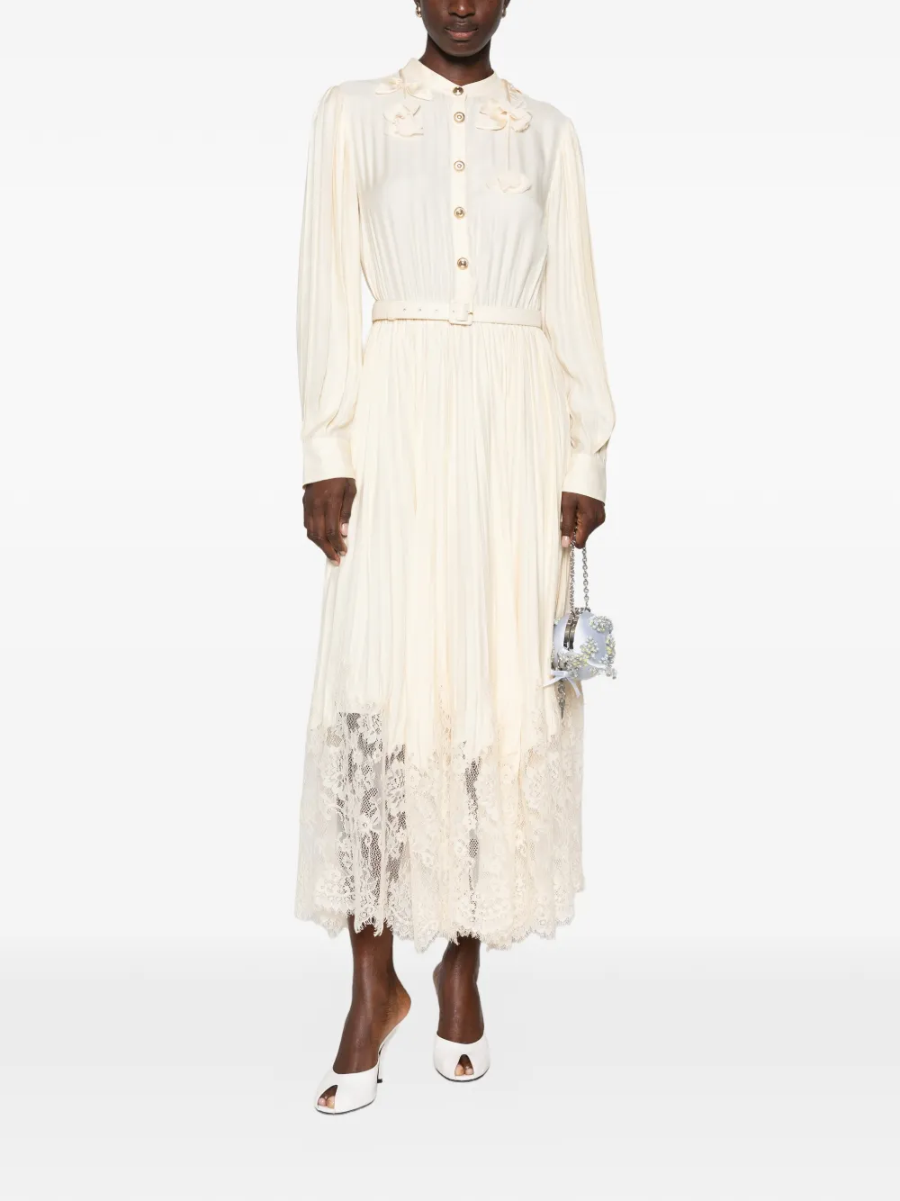 Self-Portrait Geplooide midi-jurk met kanten afwerking en verfraaid met bloemen Beige