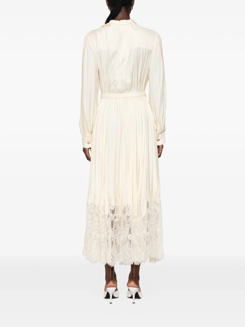 Self-Portrait Geplooide midi-jurk met kanten afwerking en verfraaid met bloemen Beige