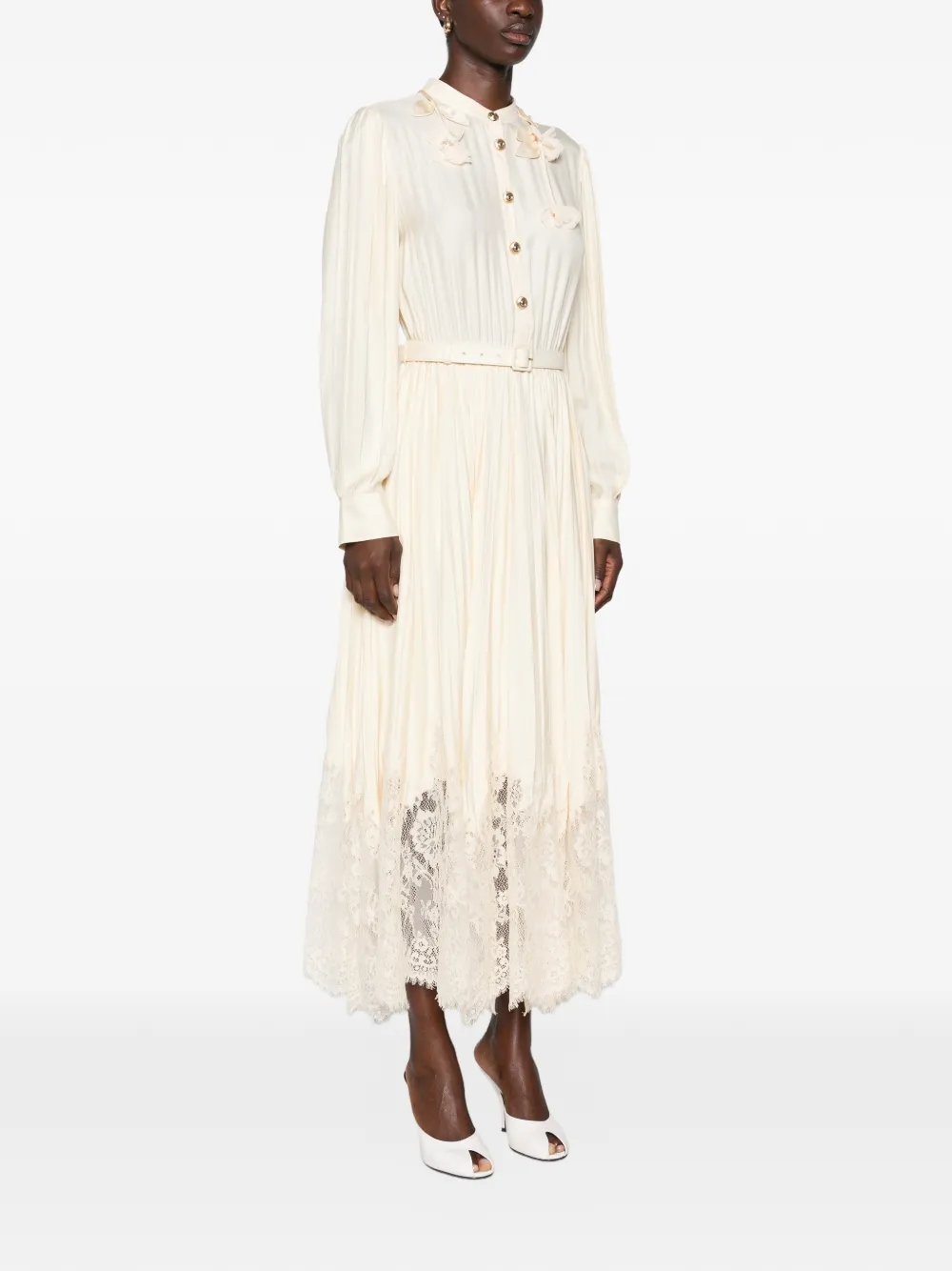 Self-Portrait Geplooide midi-jurk met kanten afwerking en verfraaid met bloemen Beige