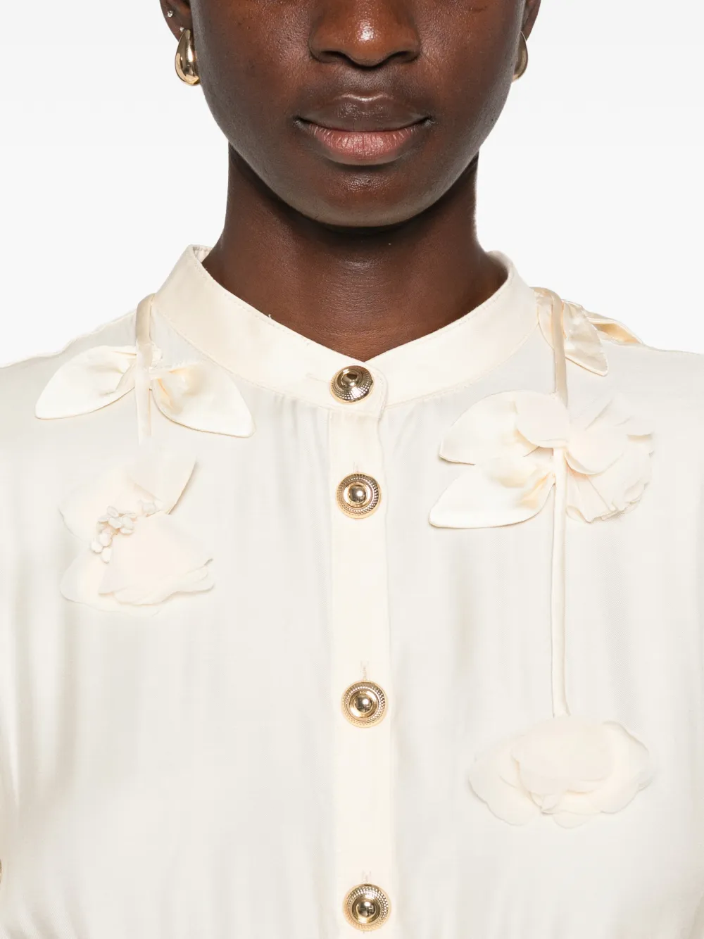 Self-Portrait Geplooide midi-jurk met kanten afwerking en verfraaid met bloemen Beige