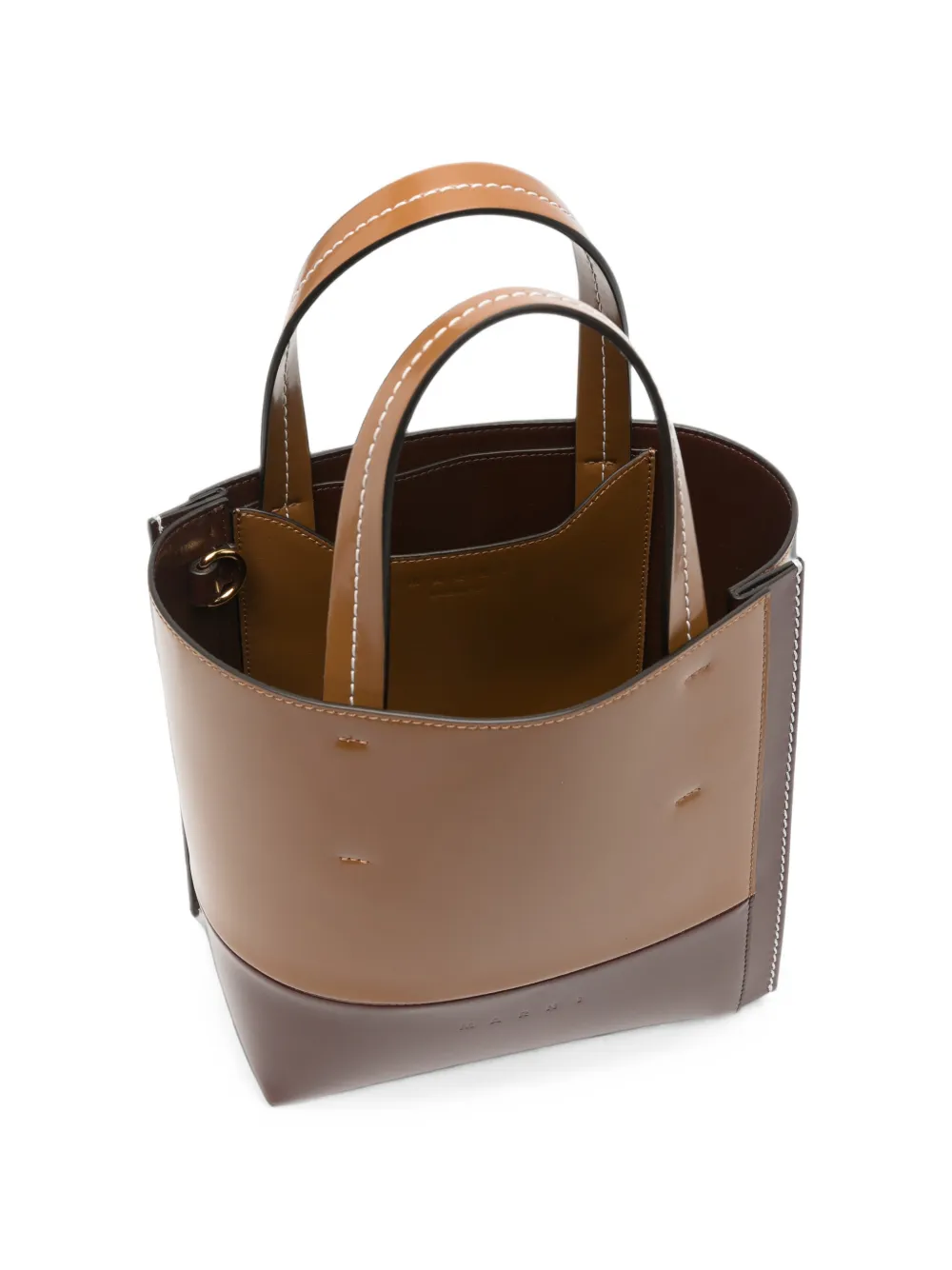 Marni Kleine Museo tweekleurige bucket-tas met contrasterende stiksels Bruin