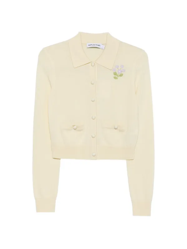 Self-Portrait Flower Embroidered Knit Cardigan in Yellow