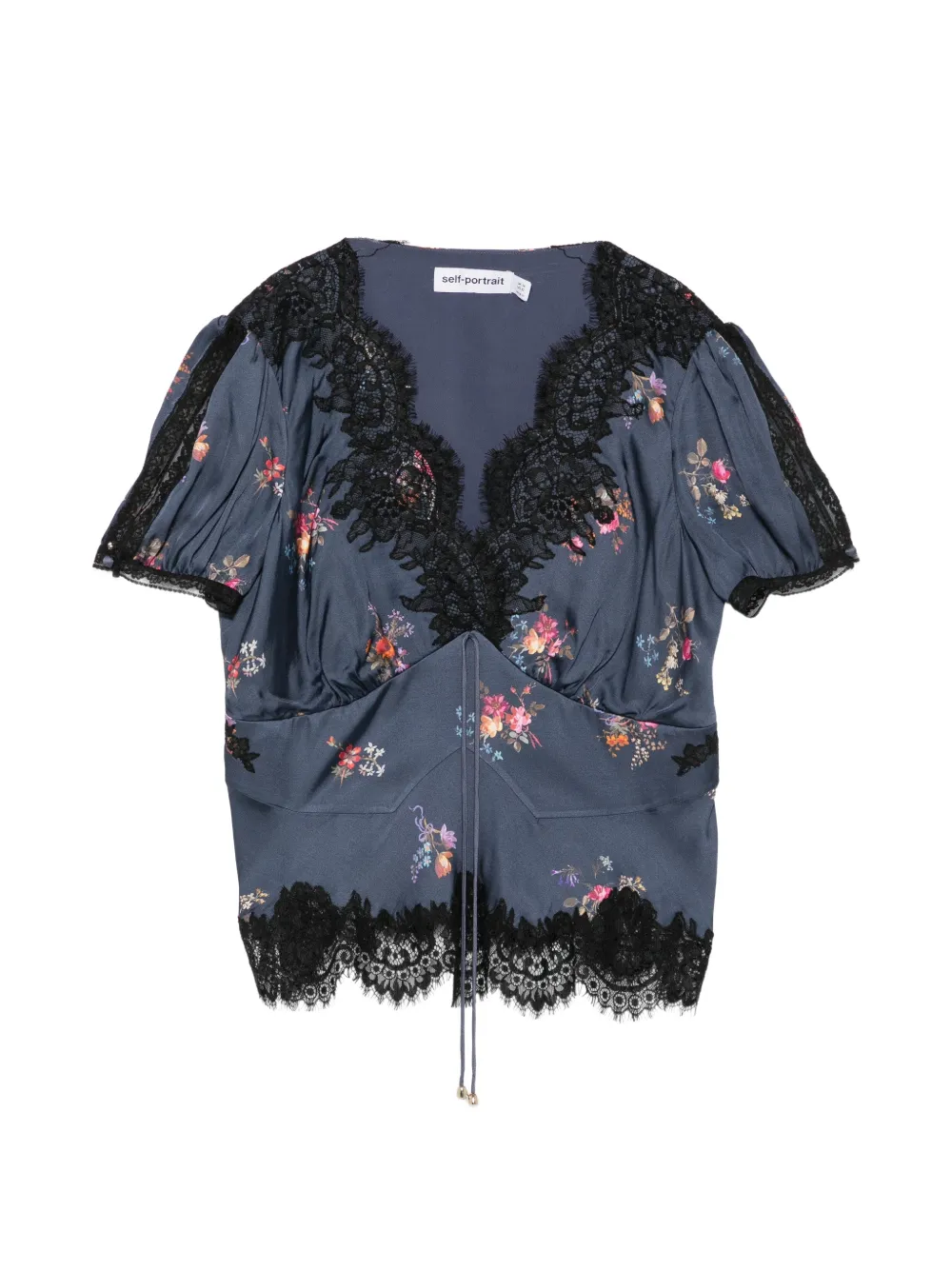 Self-Portrait floral-print lace-trim top - Grigio