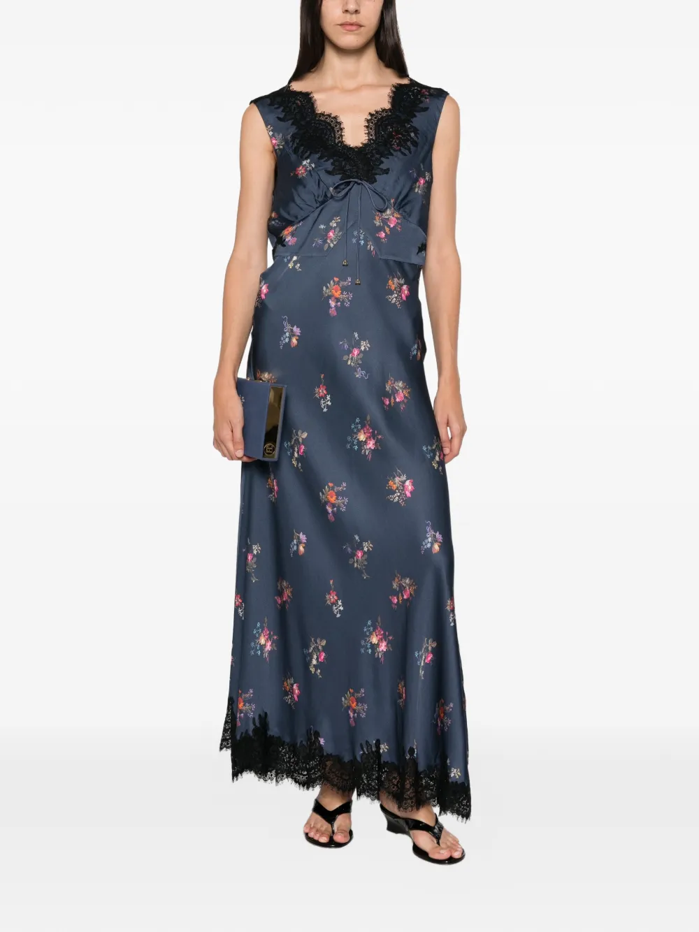 Self-Portrait Midi-jurk met bloemenprint Blauw