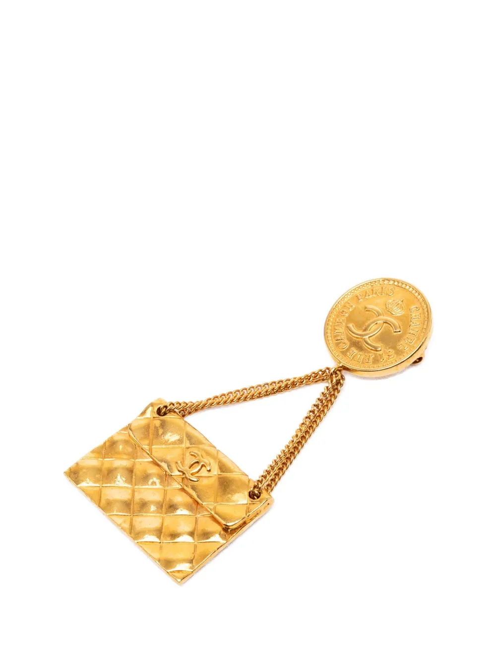 CHANEL Pre-Owned 1993 CC Gold Plated Quilted Flap Bag Medallion Brooch costume brooch - Oro