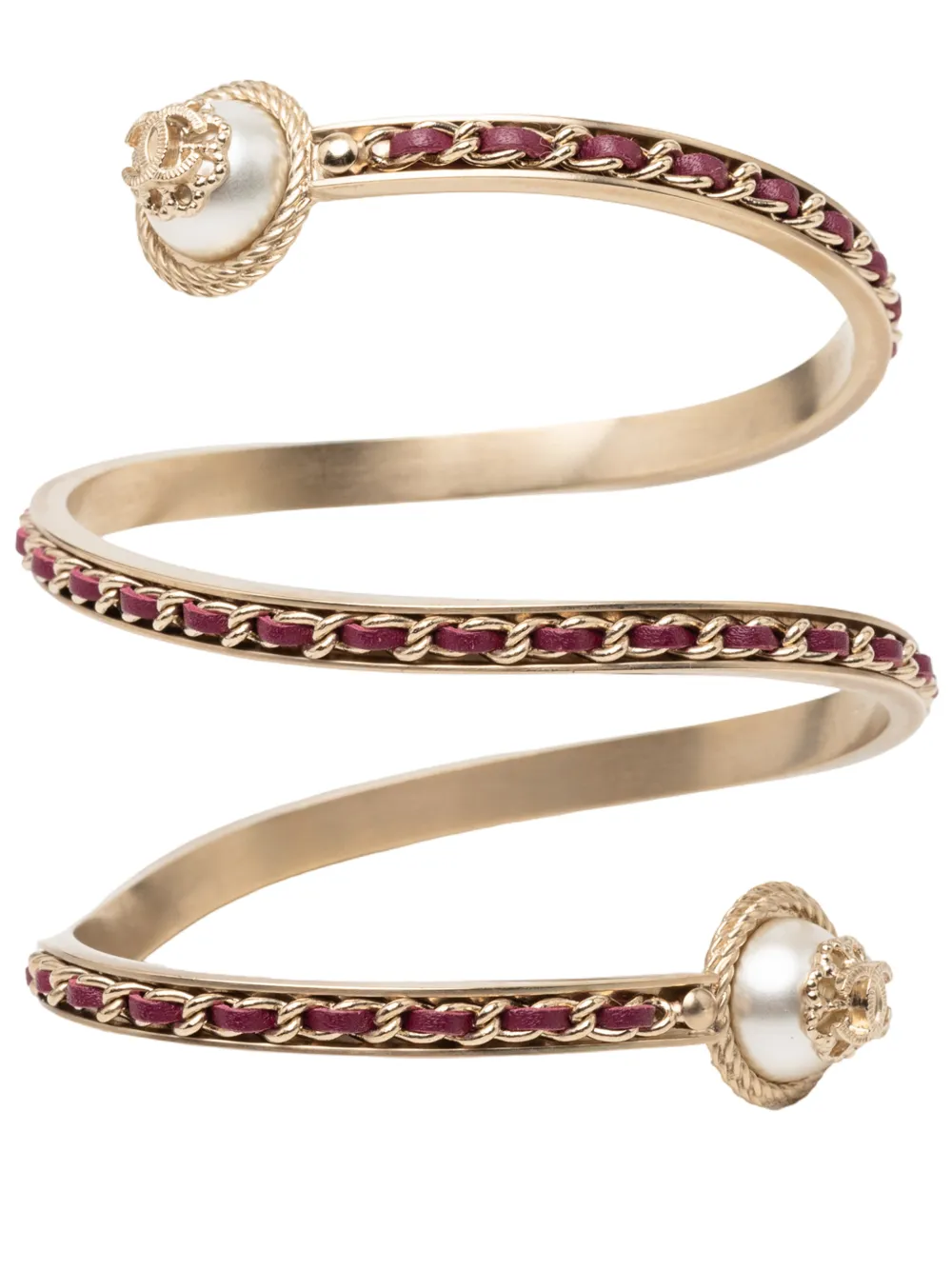 CHANEL Pre-Owned 2018 Gold Plated Faux Pearl Leather Chain Bangle Bracelet costume bracelet - Oro