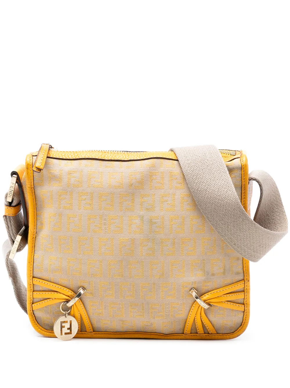 Pre-owned Fendi 2000-2010 Zucchino Canvas F Charm Crossbody Bag In Neutral