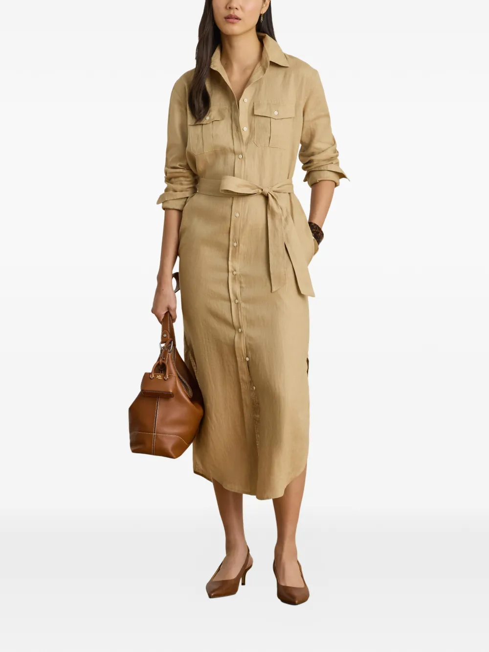 Lauren Ralph Lauren Linnen midi-blousejurk Beige