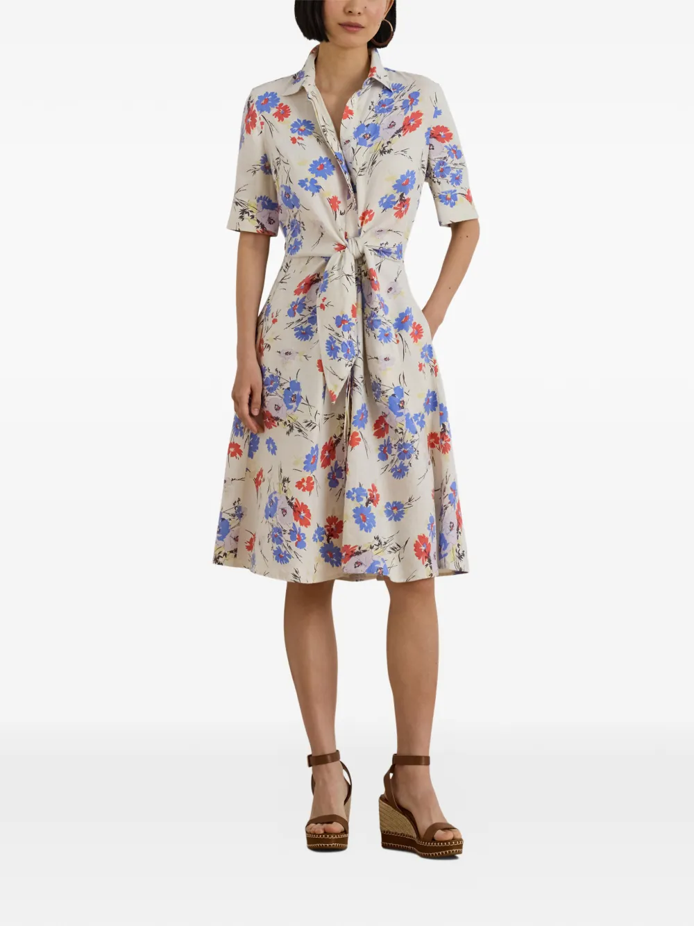 Lauren Ralph Lauren Midi-blousejurk met bloemenprint en gestrikte voorkant Beige